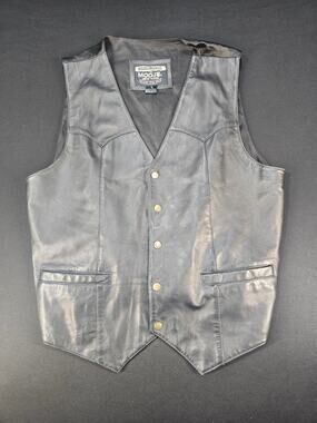 Modal New York Genuine Leather Vest Men's Large Black Western‎ Biker Snap Front